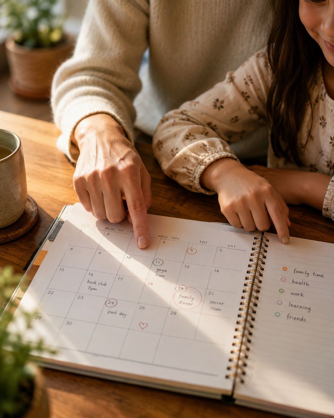 Madre e hija organizando los días en una agenda familiar