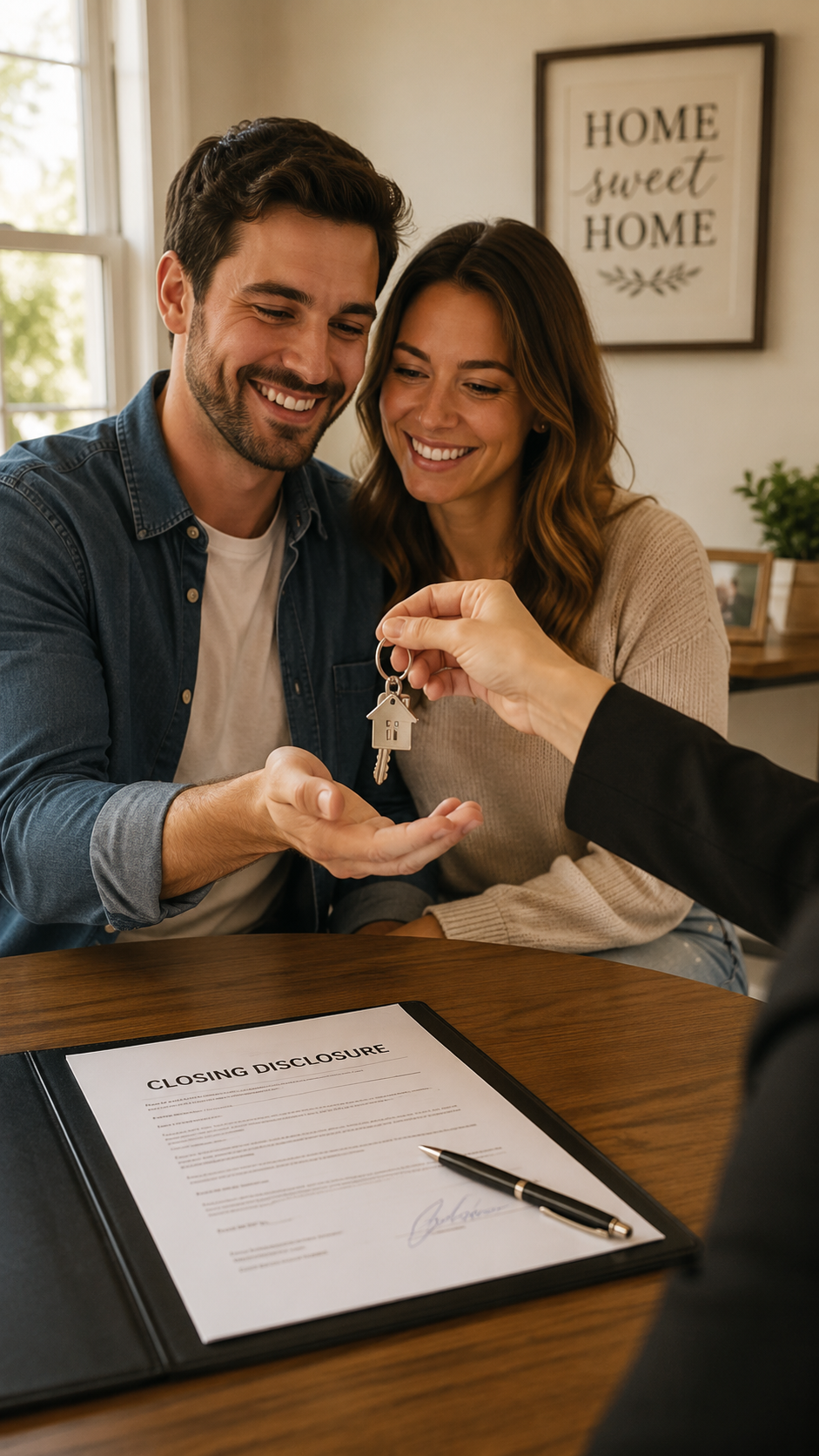 Pareja recibiendo las llaves de su casa tras firmar los documentos de cierre