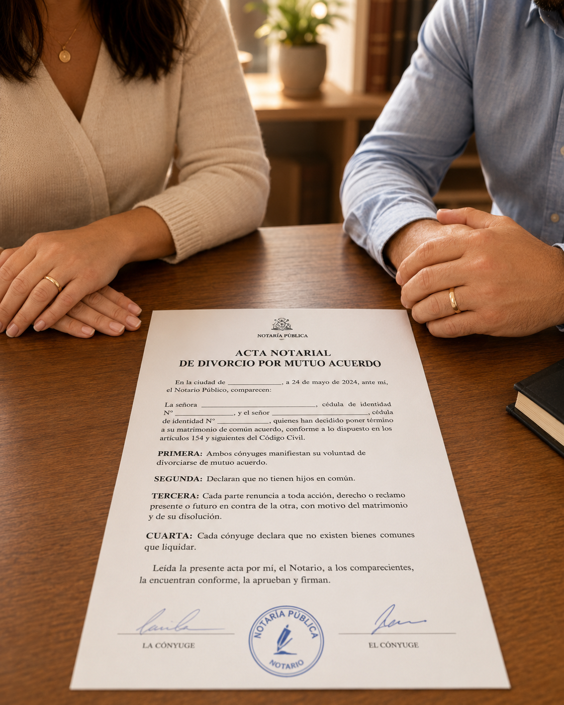 Acta Notarial de Divorcio por Mutuo Acuerdo firmada sobre la mesa de la notaría