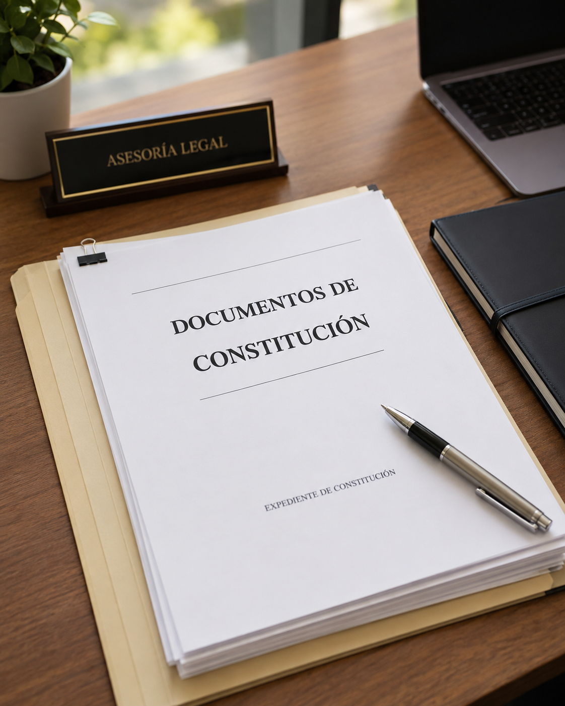 Documentos de constitución de la empresa sobre el escritorio de asesoría legal