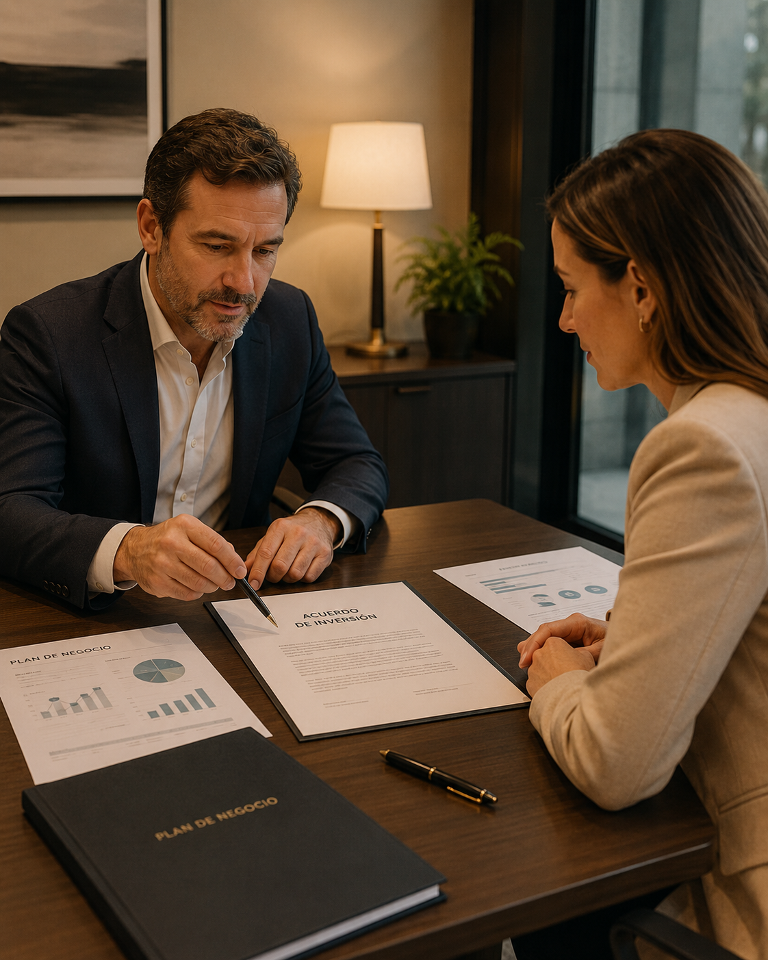 Asesor explicando el Acuerdo de Inversión a una clienta, con el plan de negocio sobre la mesa