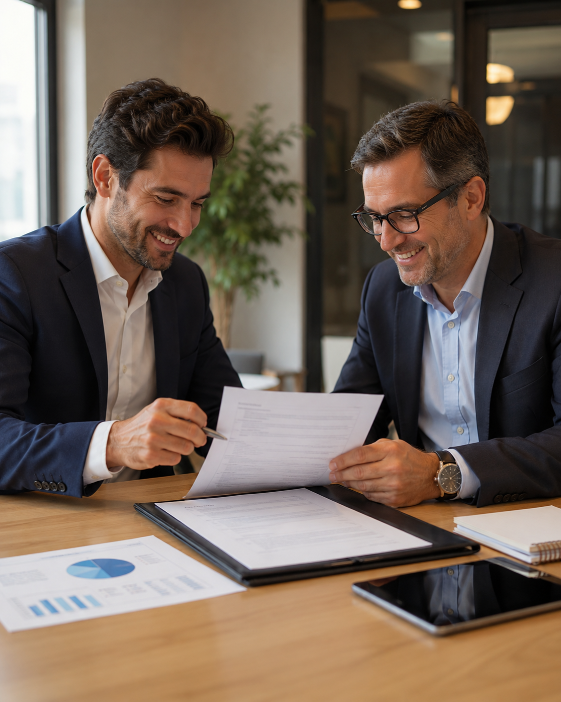 Dos personas revisando con calma las cifras de un acuerdo de inversión junto a gráficas de negocio