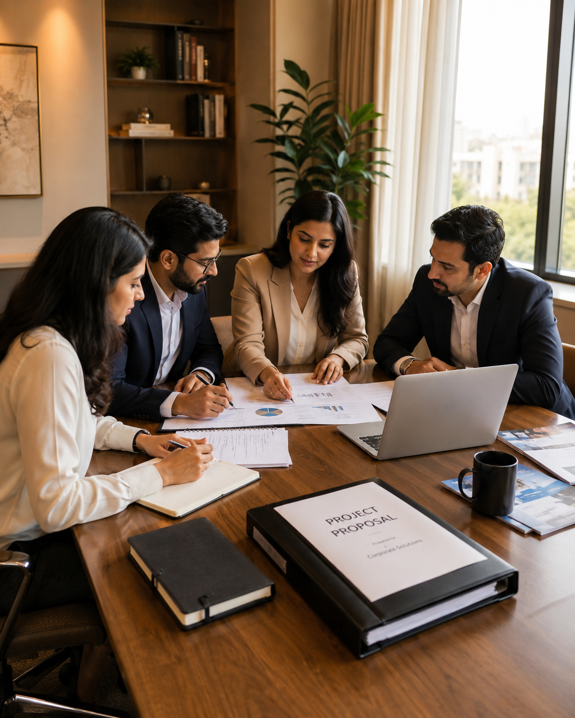 Equipo empresarial preparando con concentración una propuesta de licitación sobre la mesa