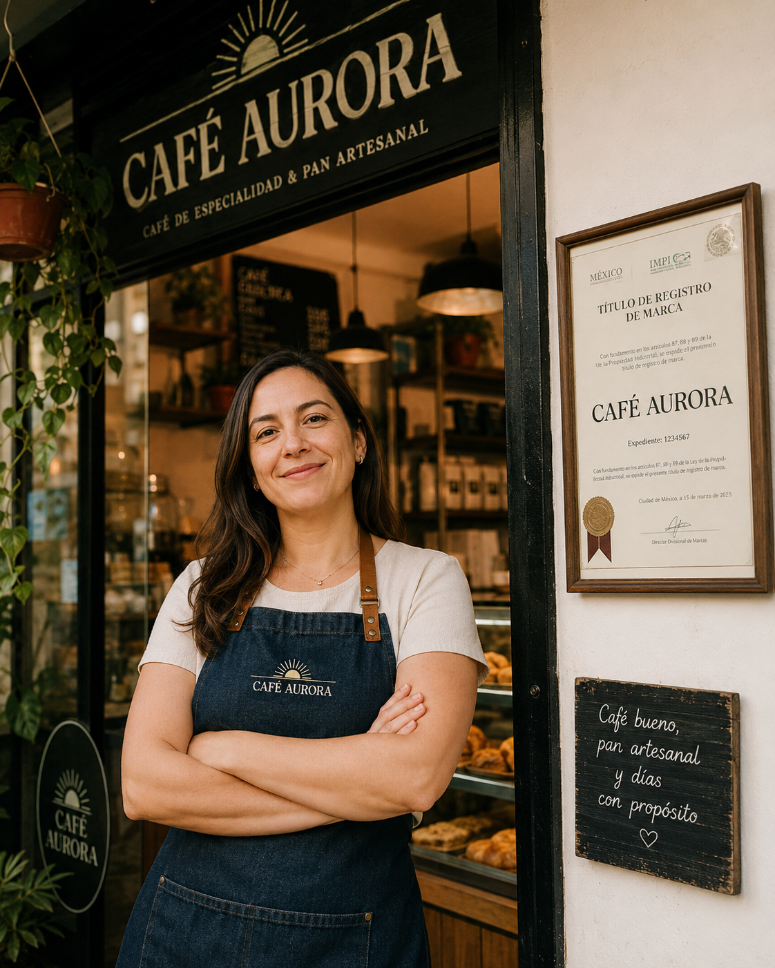 Emprendedora junto a su local con el certificado de registro de su marca enmarcado
