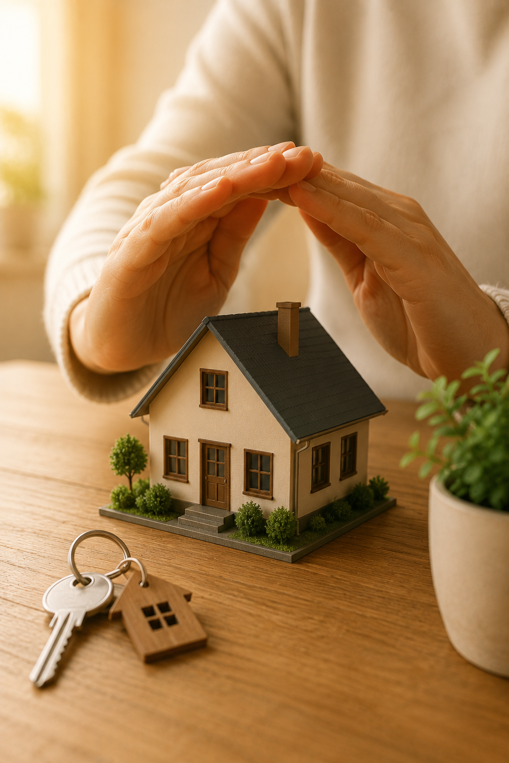 Manos resguardando una casa como símbolo de protección del hogar