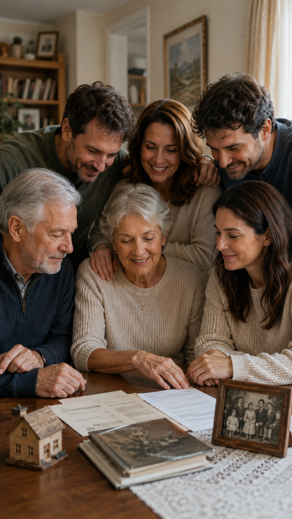 Familia reunida en calma revisando juntos los documentos de la herencia
